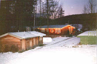 Christmas lights on one cabin, pump house in foreground